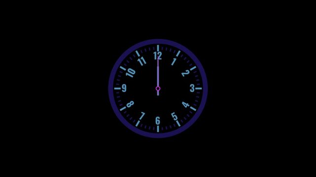 A rotating clock animation featuring a round clock face, clear hour numbers, and rotating hour, minute, and second hands on a black background. Ideal for time, schedules, and deadlines.