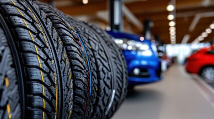 Tires are displayed in a car dealership showcasing different types and brands of automobile tires for customers to choose from