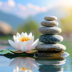 Serene pond scene with stacked stones, lily, and mountains