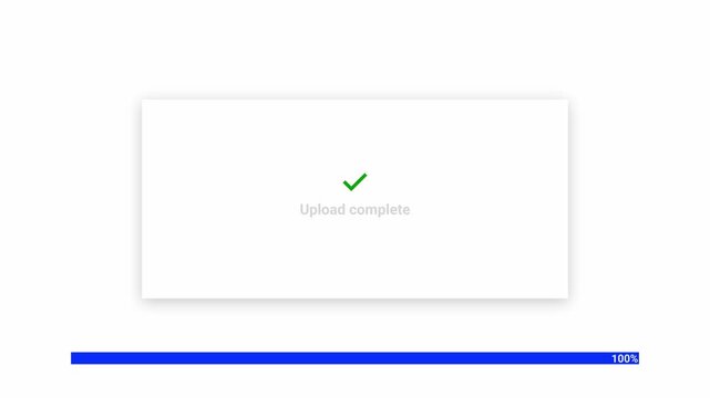 4K upload complete UI animation with background card, Upload Complete text, green check icon, and blue progress bar filling smoothly from 0 to 100 percent. Ideal for apps, software, and etc.