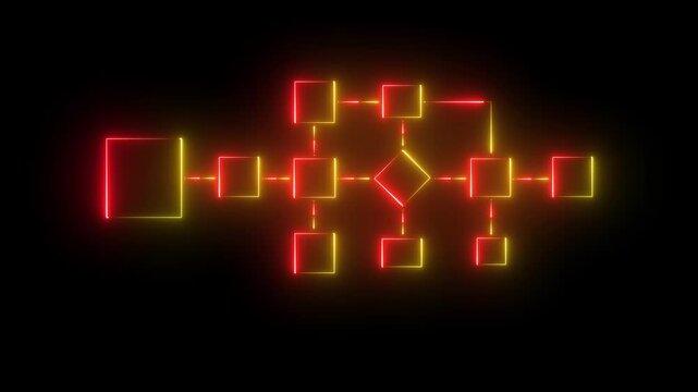 Glowing neon flowchart diagram with interconnected nodes and decision points on dark background glowing flowchart