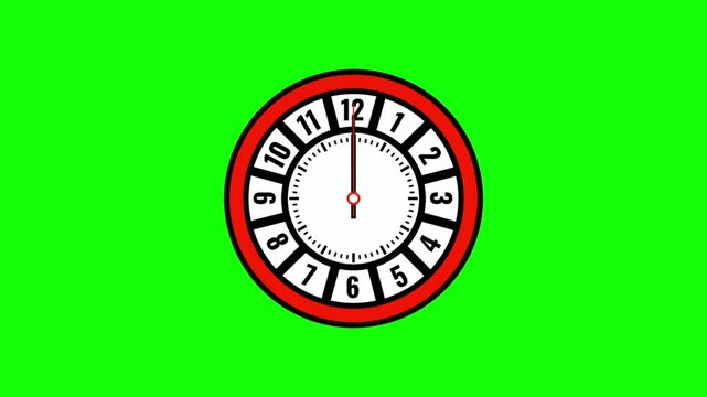 Spinning clock animation featuring a round clock with a white circular face, clear hour numbers, and rotating hour, minute, and second hands on a green background. Ideal for time, schedule, and etc