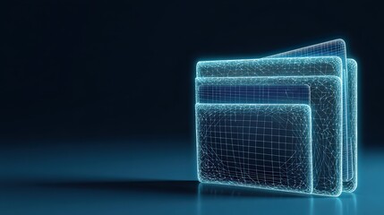 A digital wireframe wallet, glowing with blue light, represents the future of digital finance and secure transactions. ..Created with Generative AI, not depicting real subjects.