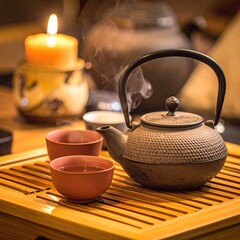 Steaming teapot and cups on a bamboo tray, lit by a warm candle