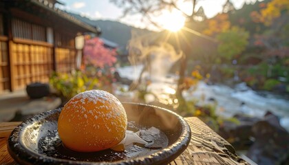 Steaming dessert on a dish, river and autumn foliage in a sunlit scene