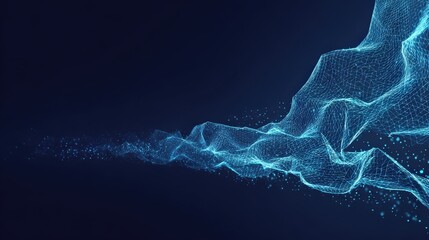 An ethereal, flowing mass of luminous blue particles cascades across a dark canvas, creating a mesmerizing display of data visualization.  ..Created with Generative AI, not depicting real subjects.