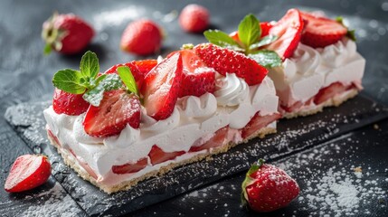 Strawberry cream cake slices with mint garnish
