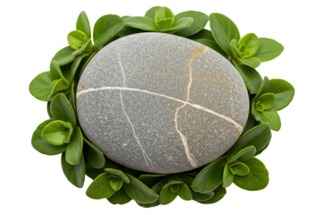 Grey zen stone with white veins surrounded by green leaves on a transparent background