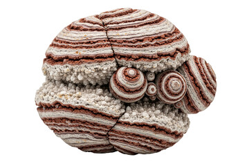 Spherical mineral stone with rough red and white layered texture on a transparent background
