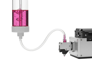 Precision fluid dispensing valve with pink liquid gel on a transparent background