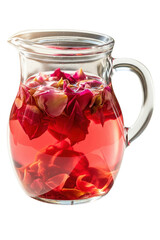 Glass pitcher filled with red rose petals and pink herbal water on a transparent background