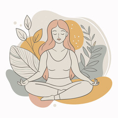 Depicting a Woman in Lotus Position Practicing Mindfulness and Meditation, Minimal Meditation Illustration of Calm Woman Practicing Yoga and Mindfulness.