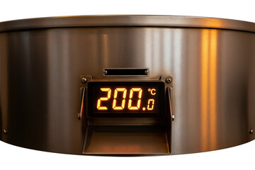 Stainless steel deep fryer tank with digital temperature display on a transparent background