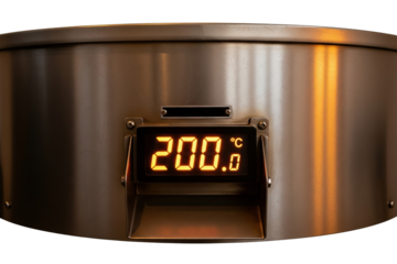 Stainless steel deep fryer tank with digital temperature display on a transparent background