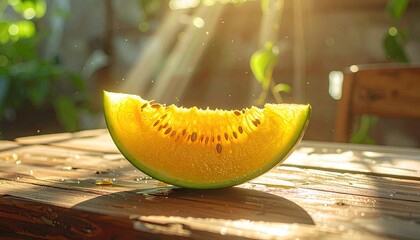 Slice of ripe yellow fruit, backlit on a wooden table with sun rays