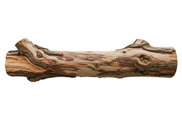 Horizontal dry wooden tree log with rough texture and knots on a transparent background
