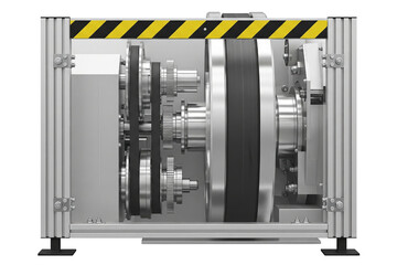 Industrial belt drive mechanism with gears and pulleys on a transparent background