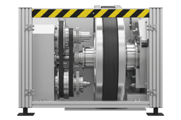 Industrial belt drive mechanism with gears and pulleys on a transparent background