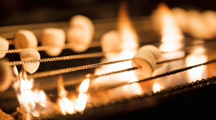 Glowing Fire and Marshmallows Roasting, Outdoor Grill Scene, Warm Golden Tones, Atmospheric Evening Lighting, Soft Bokeh Effect
