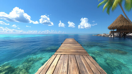 Wooden pier tropical ocean clear water blue sky palm hut summer vacation relaxation