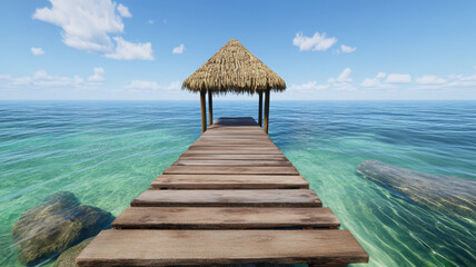 Wooden pier, thatched roof hut, clear turquoise water, tropical, serene, sunny day