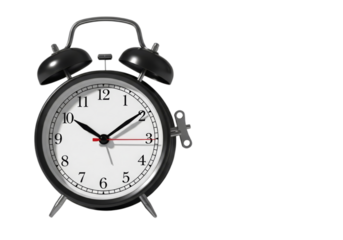 Classic Black Alarm Clock on White Background With Copy Space