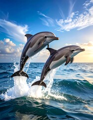 Obraz premium Two dolphins leap gracefully from the ocean, creating splashes against a vibrant blue sky with fluffy clouds and a golden sunset