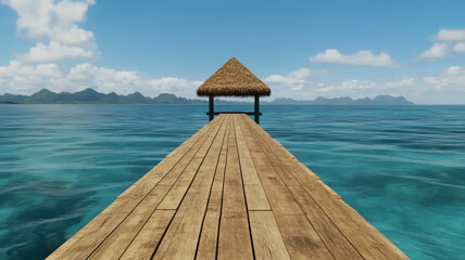 Wooden pier, thatched roof hut, turquoise water, tropical, serene, blue sky, peaceful