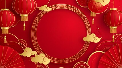 Luxury Chinese New Year background featuring red lanterns and gold decorative frame, ideal for advertising campaigns, social media banners, festive announcements, branding materials, and sale promotio