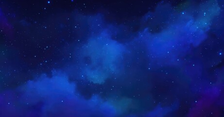 Abstract cosmic nebula with blue and purple clouds of stardust. Galaxy background with swirling cosmic elements and star clusters.
