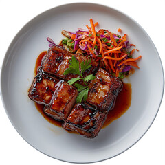 Top view of a delicious looking Barbecued Pork Belly with Asian Slaw on white crockery Michelin star restaurant main course plating style isolated on a white transparent background