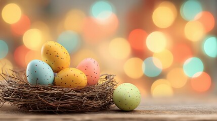 Colorful decorated Easter eggs in natural nest with bokeh lights background. Spring holiday decoration with festive colored eggs in straw basket.