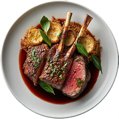 Top view of herb crusted lamb rack with red wine reduction Michelin star restaurant main course plating isolated on white transparent background