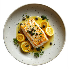 Top view of lemon sole with capers and brown butter Michelin star restaurant main course plating isolated on white transparent background