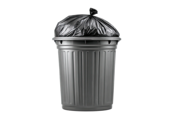 Filled bin with black bag, isolated on black backdrop