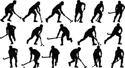 Ice hockey player silhouette set illustration, dynamic skating shooting poses collection, professional winter sports action figures isolated on white background © Itz Shojeb