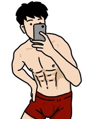 Fototapeta premium cartoon man taking self photos on smartphone