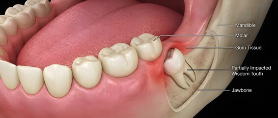 Labeled Medical Illustration of Partially Impacted Wisdom Tooth in Lower Jaw Anatomy
