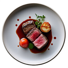 Top view of wagyu beef ribeye with red wine reduction on white crockery isolated on a white transparent background