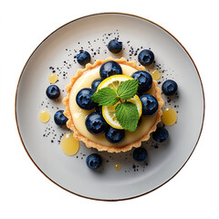 Top view of blueberry and lemon tart in Michelin star dessert plating isolated on white transparent background
