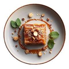 Top view of caramel and almond baklava in Michelin star dessert plating isolated on white transparent background