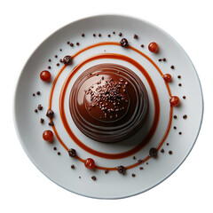 Top view of caramel and chocolate mousse dome in Michelin star dessert plating isolated on white transparent background