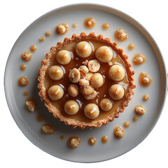 Top view of caramel and macadamia tart in Michelin star dessert plating isolated on white transparent background