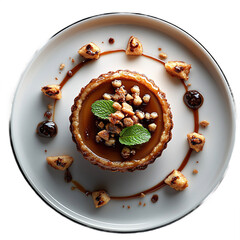 Top view of caramel and coffee tart in Michelin star dessert plating isolated on white transparent background