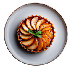 Top view of caramelized apple tart in Michelin star dessert plating isolated on white transparent background