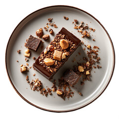 Top view of chocolate and peanut butter terrine on white crockery Michelin star dessert plating isolated on a white transparent background