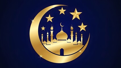 Elegant golden emblem featuring a crescent moon, stars, and a mosque silhouette, symbolizing spiritual reflection and joyous cultural celebrations