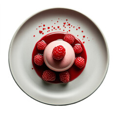 Top view of chocolate and raspberry tart on white crockery Michelin star dessert plating isolated on a white transparent background