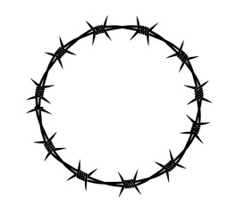 Isolated vector silhouette of a round barbed wire frame with sharp twisted thorns, designed as a black circle border on a white background for edgy concepts