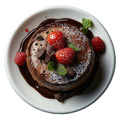 Top view of chocolate souffle on white crockery Michelin star dessert plating isolated on a white transparent background